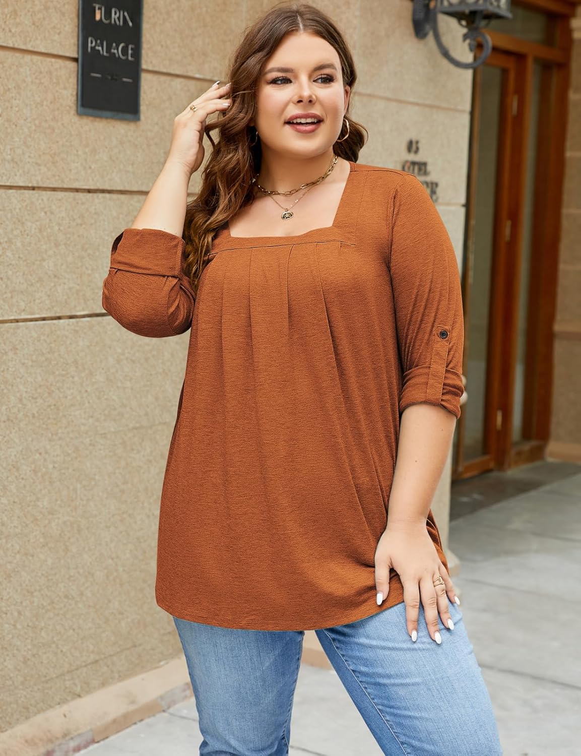Kancystore Women's Plus Size 3/4 Sleeve Tops Square Neck Shirts Loose Spring Work Tunic Blouses - Image 3
