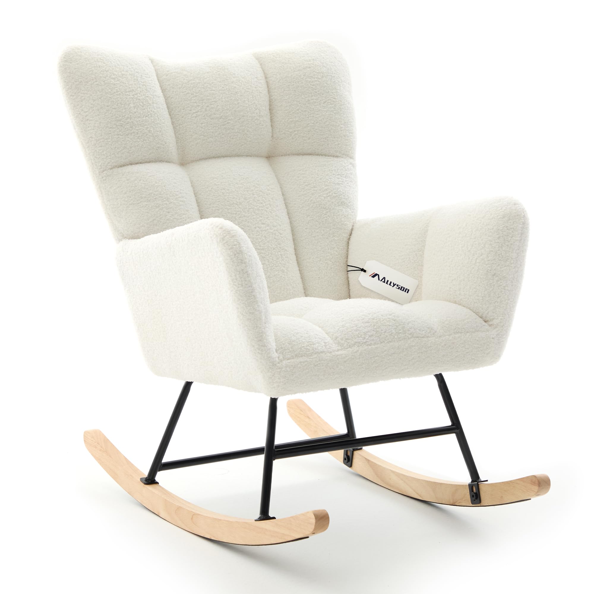 Allyson Schaukelstuhl Weiß – Flauschiger Relaxsessel & Lesesessel mit Holz-Armlehnen – Moderner Stillsessel für Wohnzimmer, Balkon & Indoor - Weiß