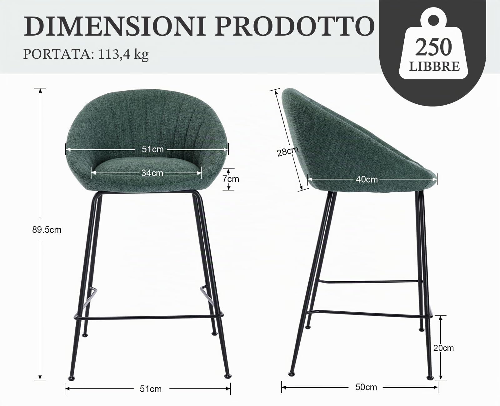 chairus Set di 2 Sgabelli da Bar Sgabelli Cucina in Tessuto di Lino, Verde