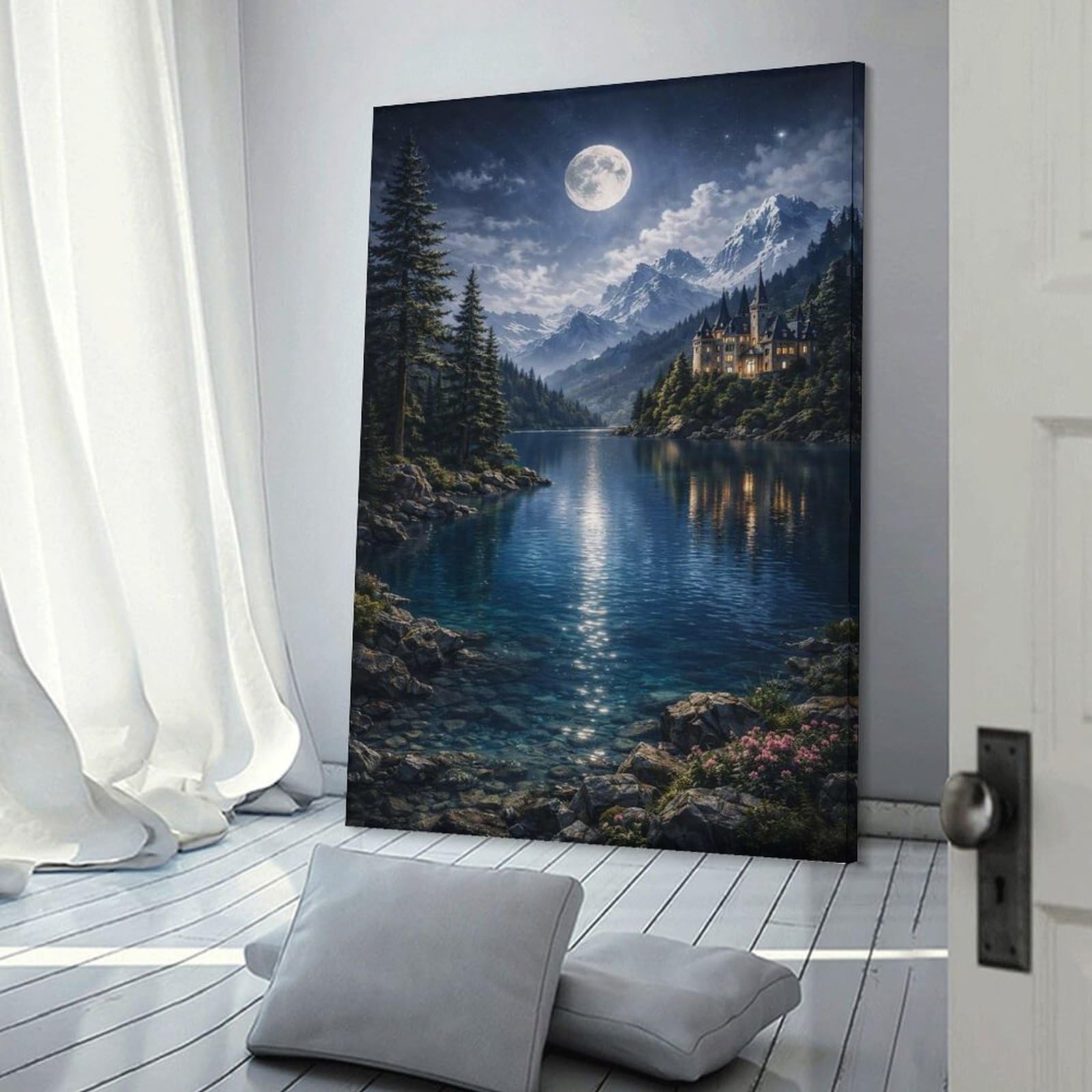 Junmoney Enchanted Castle by Moonlit Lake Hanging Wall Art, 20x30inch(50x75cm), for New Homes, Bedrooms Or Workspaces, Thoughtful Wall Decor for Art Lovers