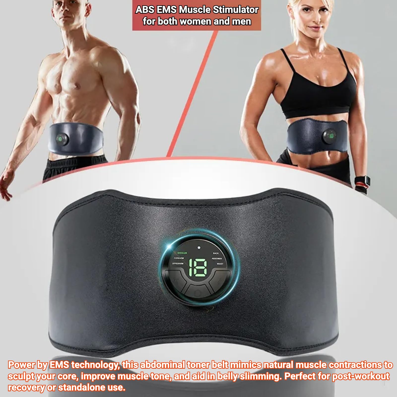 Cinturón EMS para abdominales y core | 6 modos, 18 niveles de intensidad, cinturón tonificador abdominal ajustable de 118 cm | Equipo de fitness para el hogar recargable por USB para mujeres y hombres