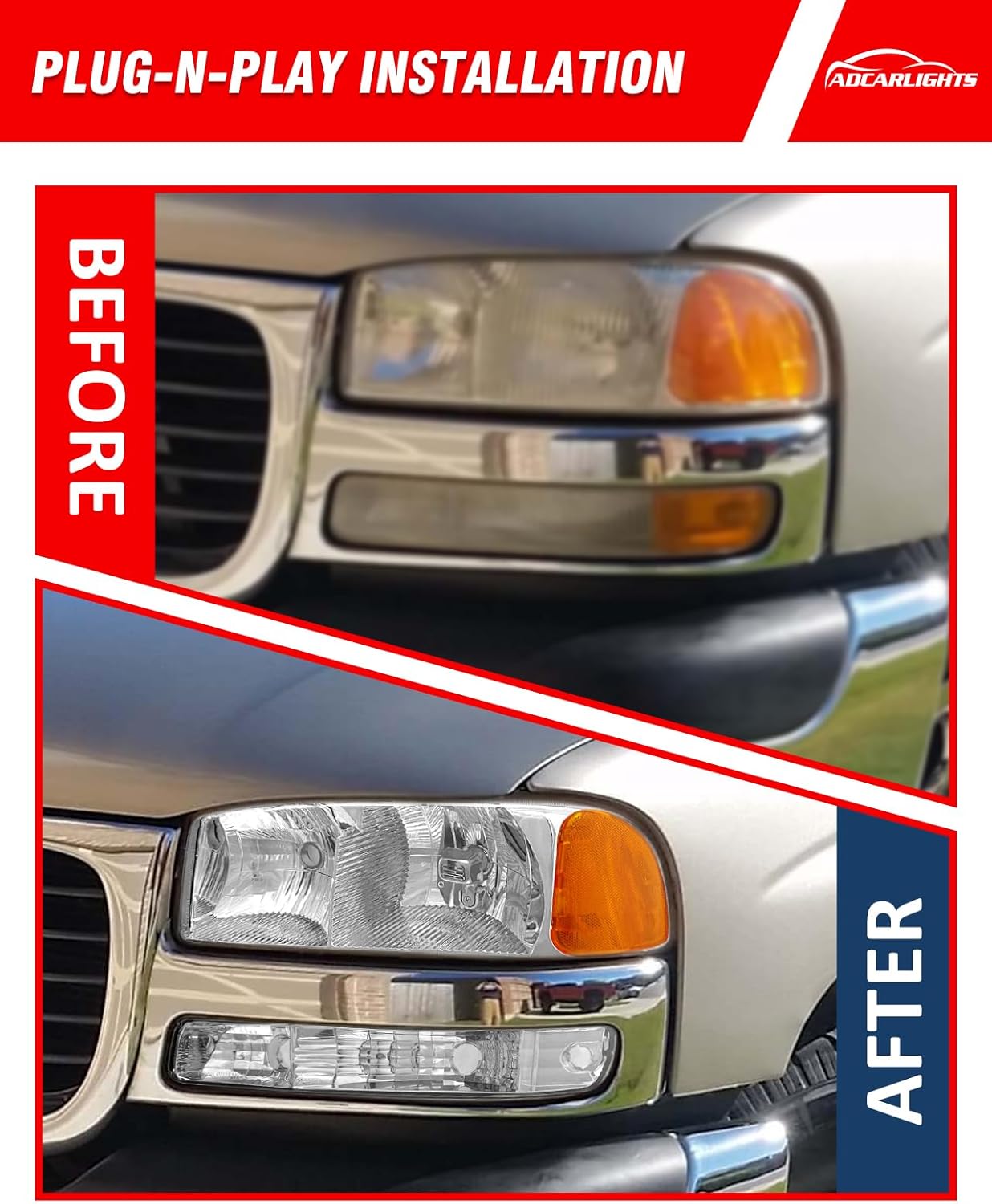 Headlight Assembly for 1999-2006 GMC Sierra 1500 2500 3500/2000-2006 GMC Yukon Headlamp Clear Lens Chrome Housing with Amber Reflector Replacement Left+Right(Bulbs Not Included)