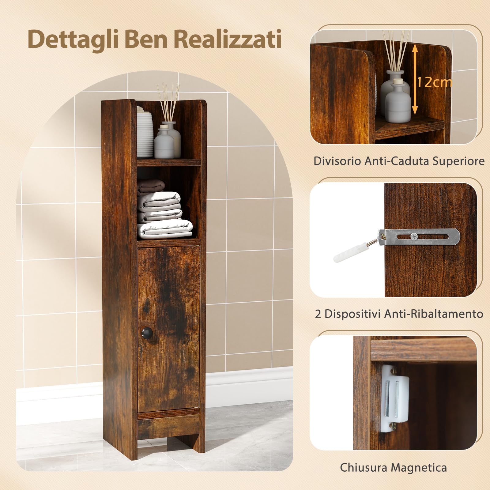 Mobiletto Bagno Salvaspazio in Legno per Spazi Ridotti, Marrone - Mobili terra