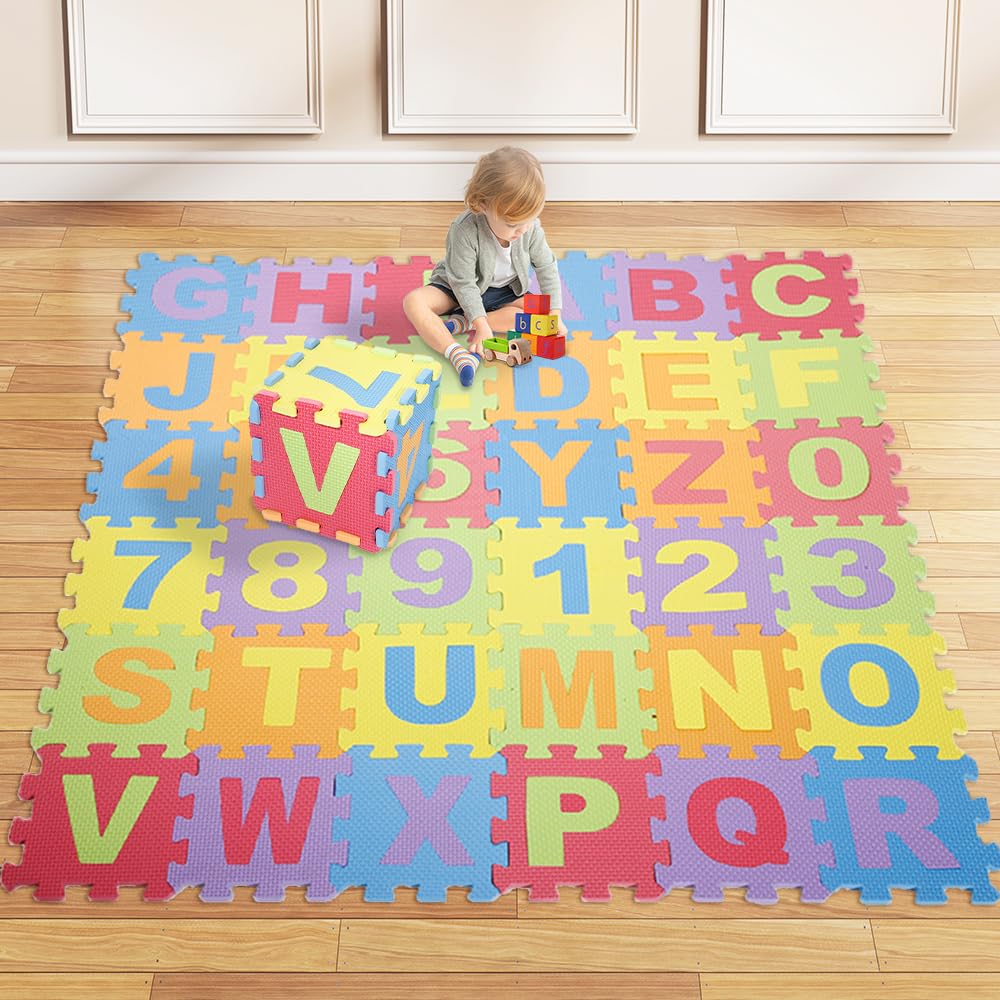 36 Pezzi Puzzle,Certificato CE,MulticoloreTappeto Gioco per Neonato in EVA Antiscivolo Non Tossico Puzzle con Lettere e Numeri