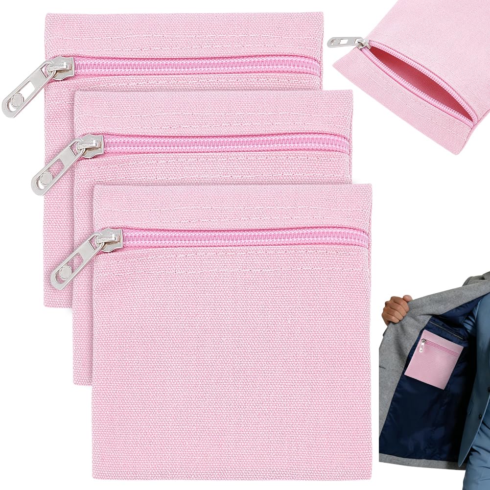 BENECREAT 3 Packs Sew in Side Pocket with Zipper, 12x11x0.2cm/4.7x4.3x0.08 Inch Canvas Cloth Hidden Pocket for Jackets Sweatshirts Travel Accessories, Pink