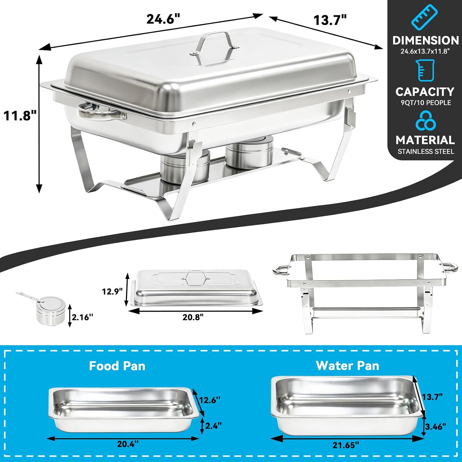 9QT Chafing Dishes for Buffet 4 Pack with 4 Full-Size Pans Silver