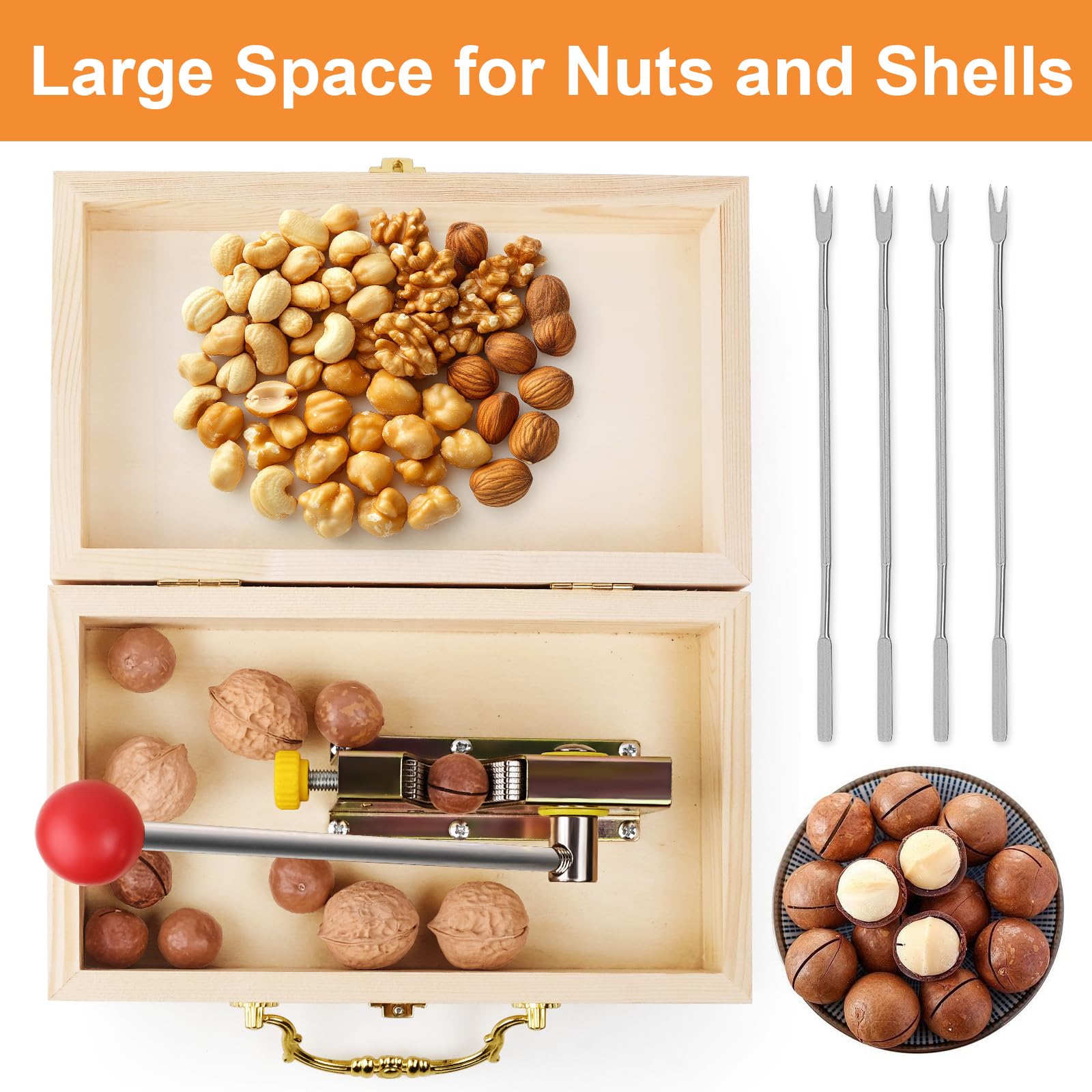 ChromLives Nussknacker Walnussknacker für Alle Nüsse Haselnussknacker Nut-Cracker Nusszange Grönverstellbar mit hölzerner Geschenkbox und Hebel-Funktion für Haselnüsse, Paranüsse, Mandeln, Pekannüsse