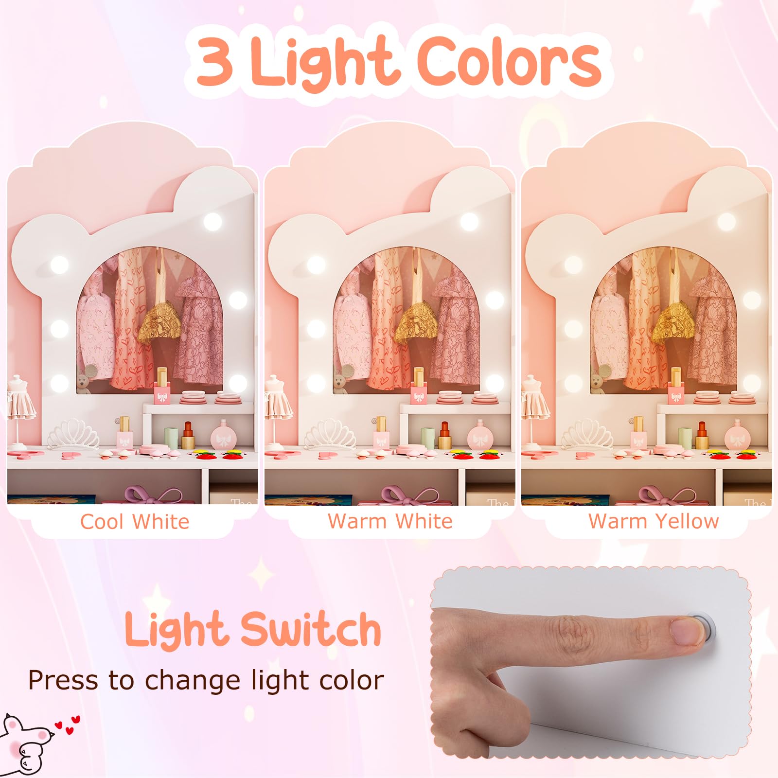 LIFEZEAL Tocador Infantil con Luces, Tocador Niña con Espejo y Silla Princesa, 5 Cajones y 2 Compartimentos, Armario de Una Puerta, Estante Abierto, Mesa de Maquillaje para Niños (Blanco)