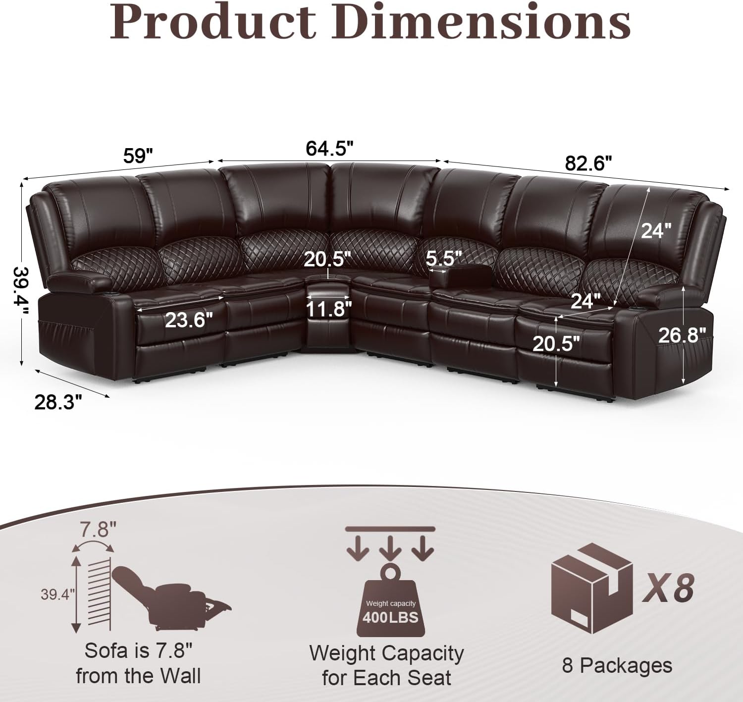 Product dimensions of the Yolsali Sectional Sofa