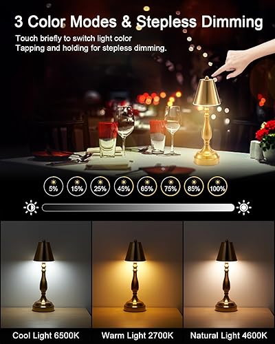 Miniatura 5 de UMEXUS Pequeña lámpara de mesa LED inalámbrica, funciona con pilas, lámpara recargable para cena de restaurante, luz táctil regulable de 3 vías, luz