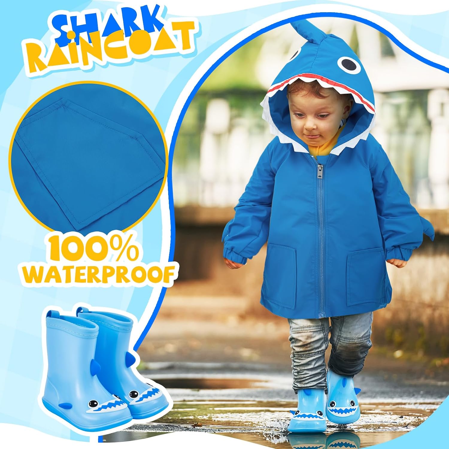 Twistover 2 Pcs Toddler Raincoat Rain Boots Set Kids Baby Cartoon Hoodie Zipper Jacket Short Rain Shoes for Little Boys Girls