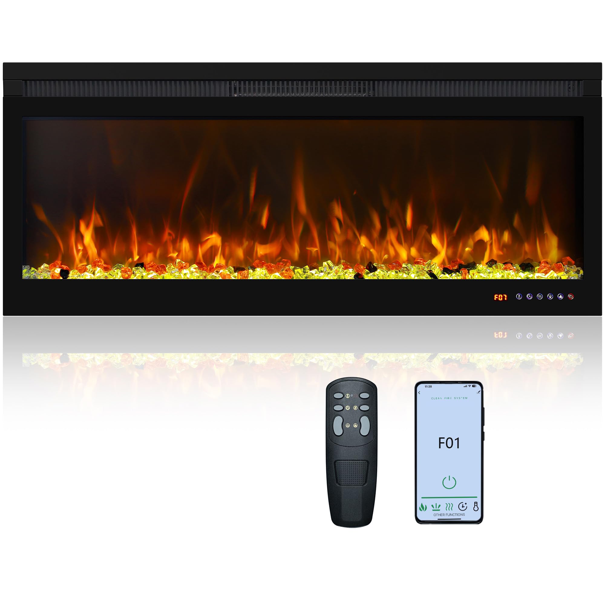 Smart 42 Inch Wall Mounted and Recessed Electric Fireplace Inserts, App & Remote & Touch Screen Control, 13X13 Flame & Fuel Bed Color Combinations, 750W/1500W, Black
