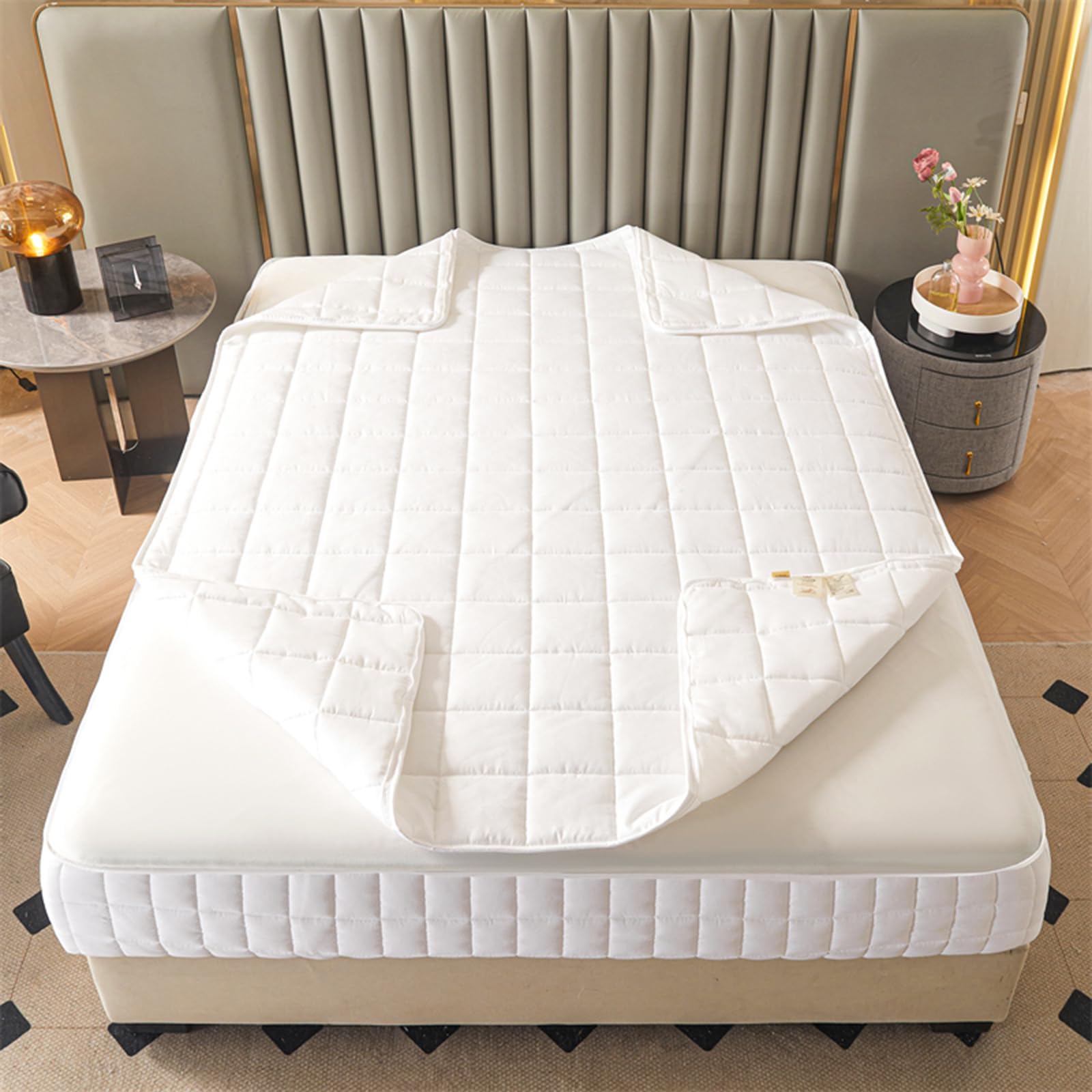 Housse de Matelas Intégrale Demenagement 140x190 Personnalisable Housse pour Matelas de Protection avec Fermeture Éclair Respirante Protege Matelas Matelassé à Cinq Côtés Surmatelas(160x200+22cm,White