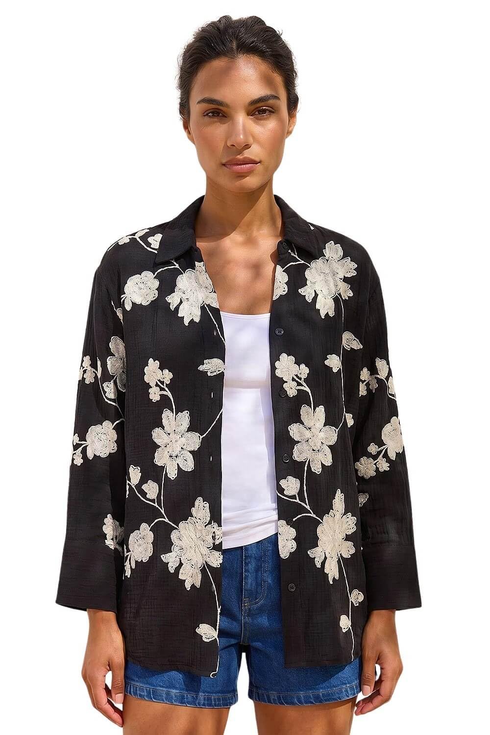 Roman Floral Embroidered Collared Shirt - Black - Women's Size 12