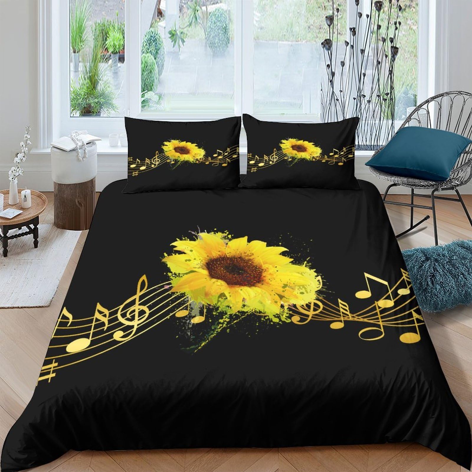 Ctjqhvkz Style-5 3D Printed Sunflower Musical Notes Fitted Sheet Microfiber Soft Black Bed Cover For Bedroom Dorm Mattress Decor Single（135X200cm）