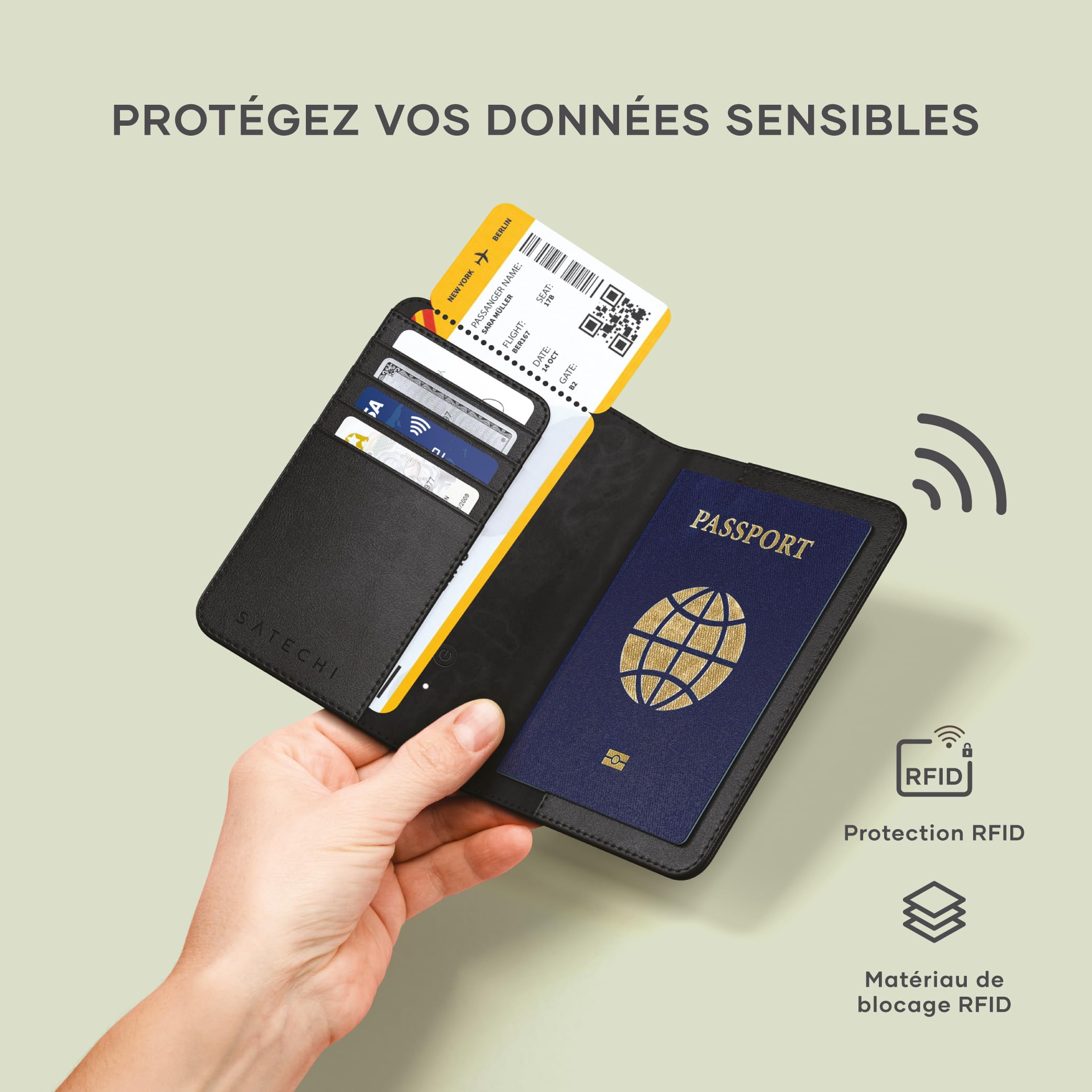 Satechi FindAll Protège-Passeport avec Apple Find My, Pochette avec 4 Fentes pour Cartes, Recharge sans Fil et Protection RFID, Accessoire de Voyage en Matériau Premium (PU) – Noir
