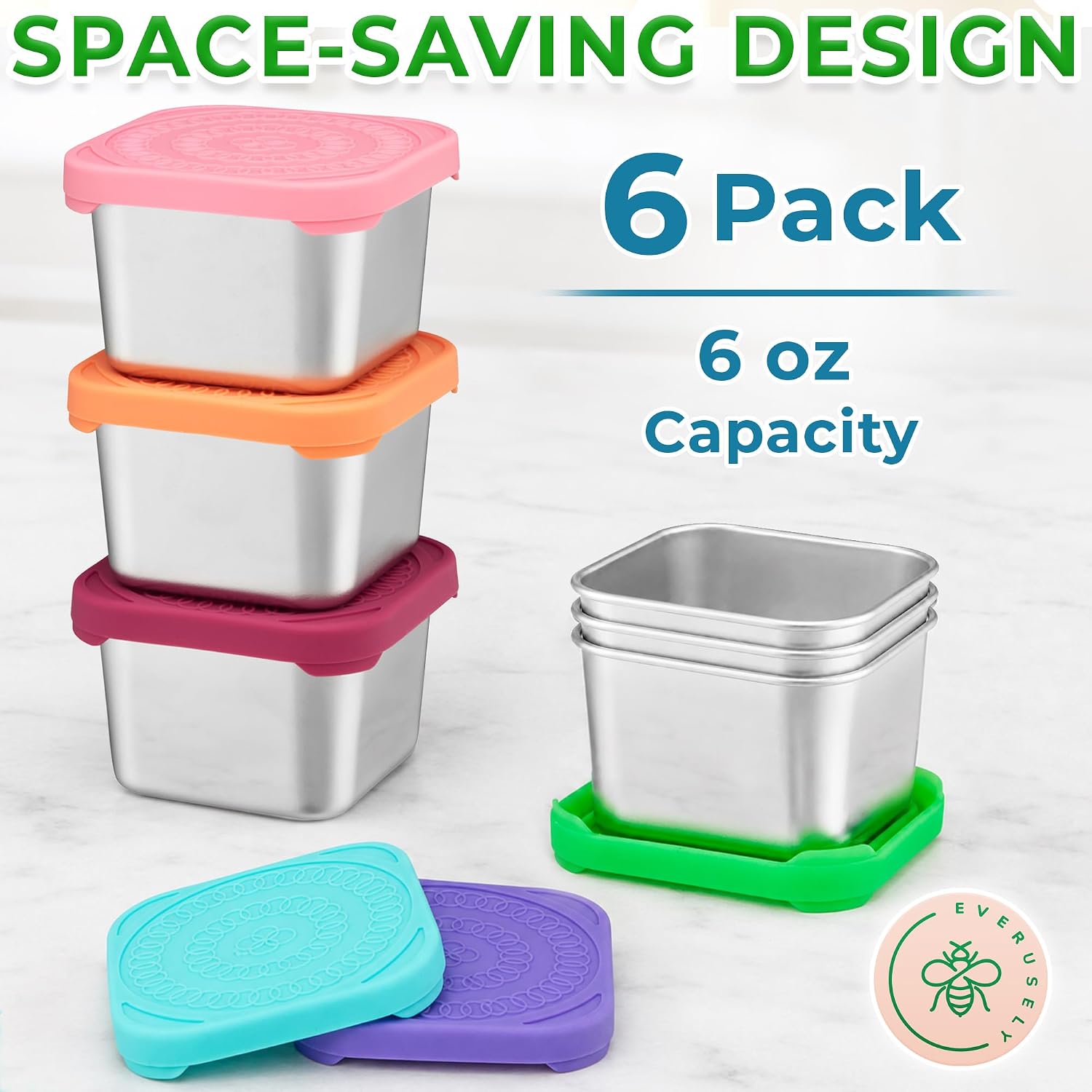 Snack Containers - 6 oz, Farmer's Market, 6 PK - Stainless Steel with Lids