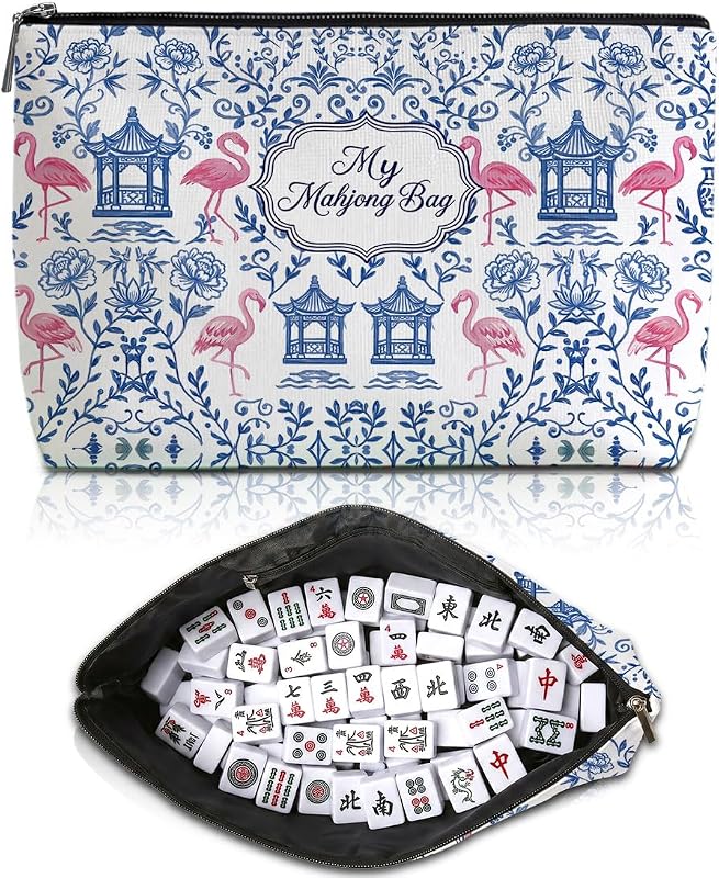 Bolsa para peças de Mahjong Chinoiserie Blue Leaves 1394 com zíper
