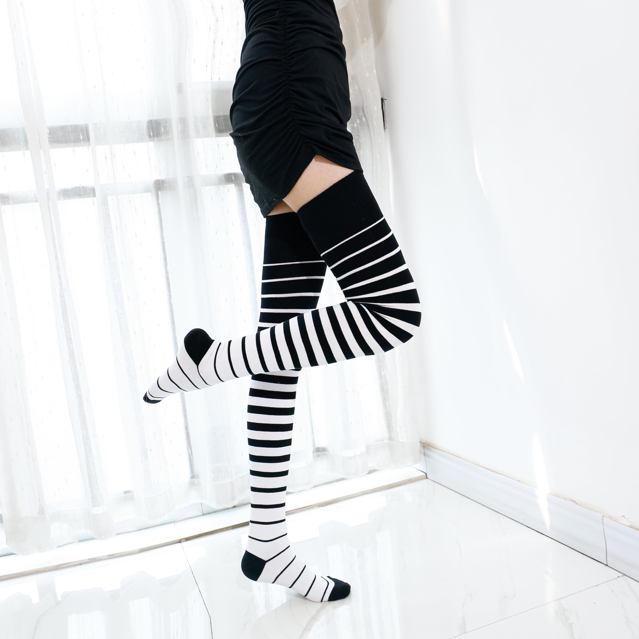 Kayhoma Extra Long Gradient Zebra Stripe Thigh High Socks Over the Knee High Socks: Black&whtie / Black&red