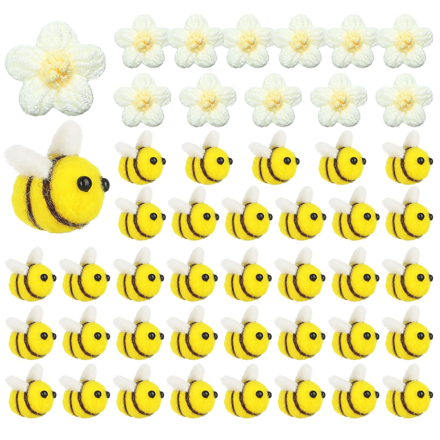 48 Stück Biene Bienen Deko Gänseblümchen Deko Bienen Filzblumen Biene Deko Filz Deko Deko Bienen Filz Biene Kunsthandwerk Weiße Plüschblumen Gestrickt für DIY Craft Dekoration Kleidung Zubehör