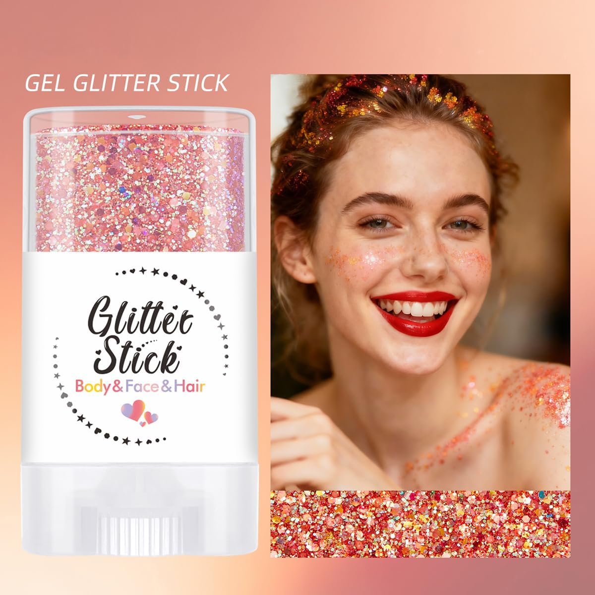 Body Glitter Stick for Face, Body & Hair - Maple Red & Gold Chunky Sparkle Glitter, 2 Pack | Long Lasting Party Makeup for Festival, Rave, Concert & Cosplay