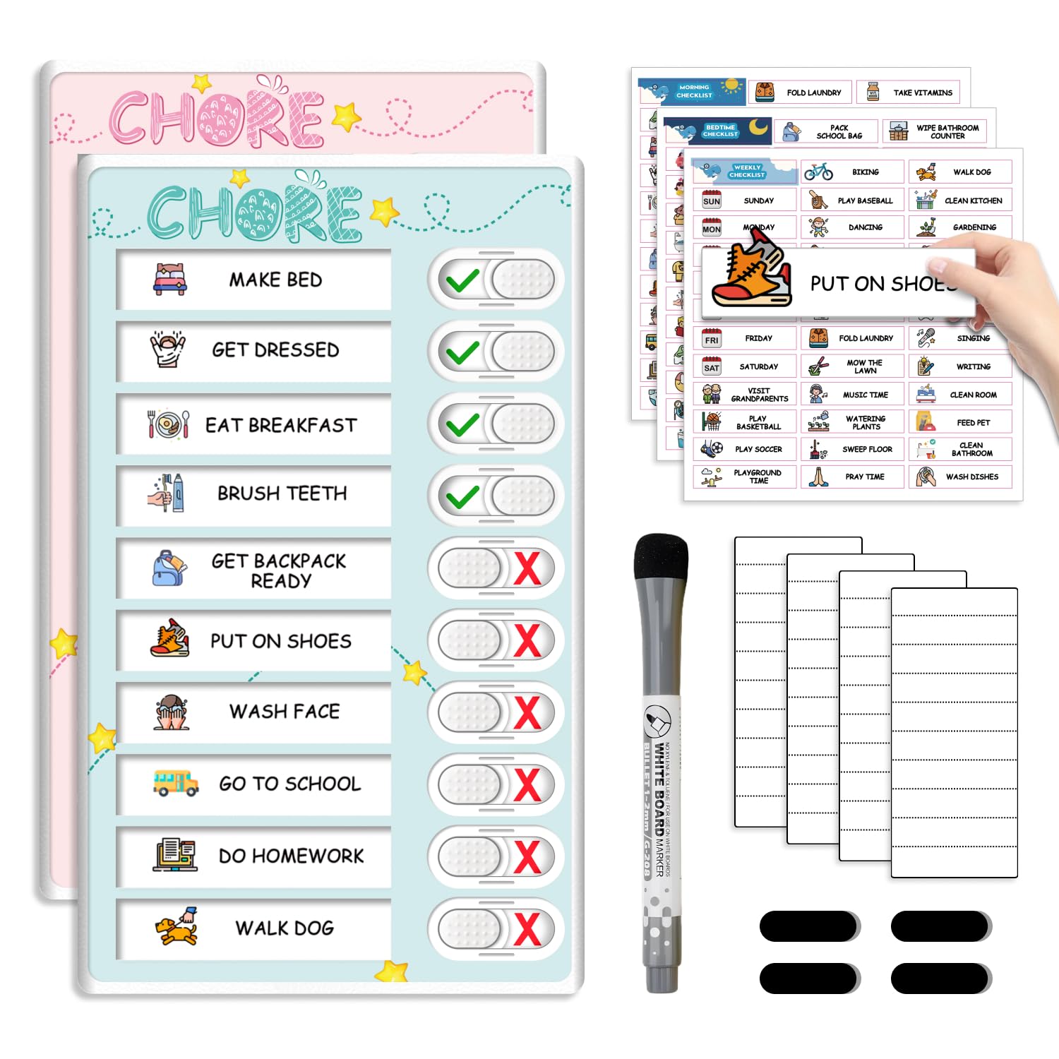 Dry Erase Kids Chore Chart for 2 Kids Pink and Blue - Magnetic Routine Chart with Slider Cute Design Stickers, Morning Bedtime Routine Chart for