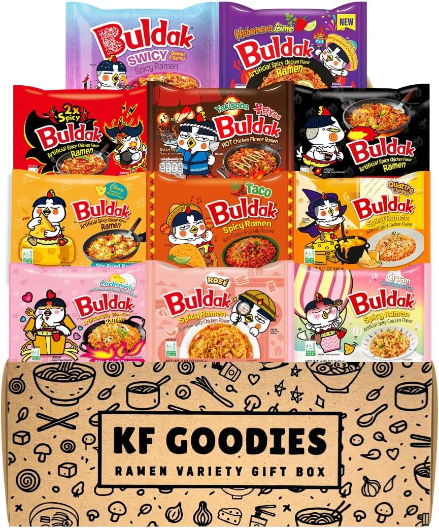 Korean Ramen Variety Pack Gift Box (11 Count) - Spicy Buldak Noodle Assortment for Birthdays, College Care Packages, Office Snacks and Gifts
