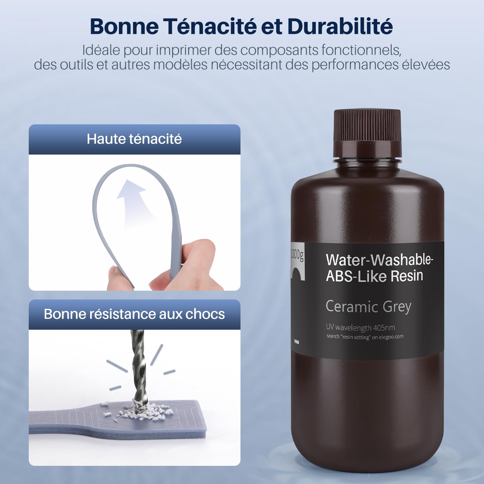 ELEGOO Résine ABS-Like Lavable à l'eau pour Imprimante 3D LCD UV 405nm Résine Photopolymère, Haute Résistance, Faible Viscosité, Haute Précision, Noir 1000G