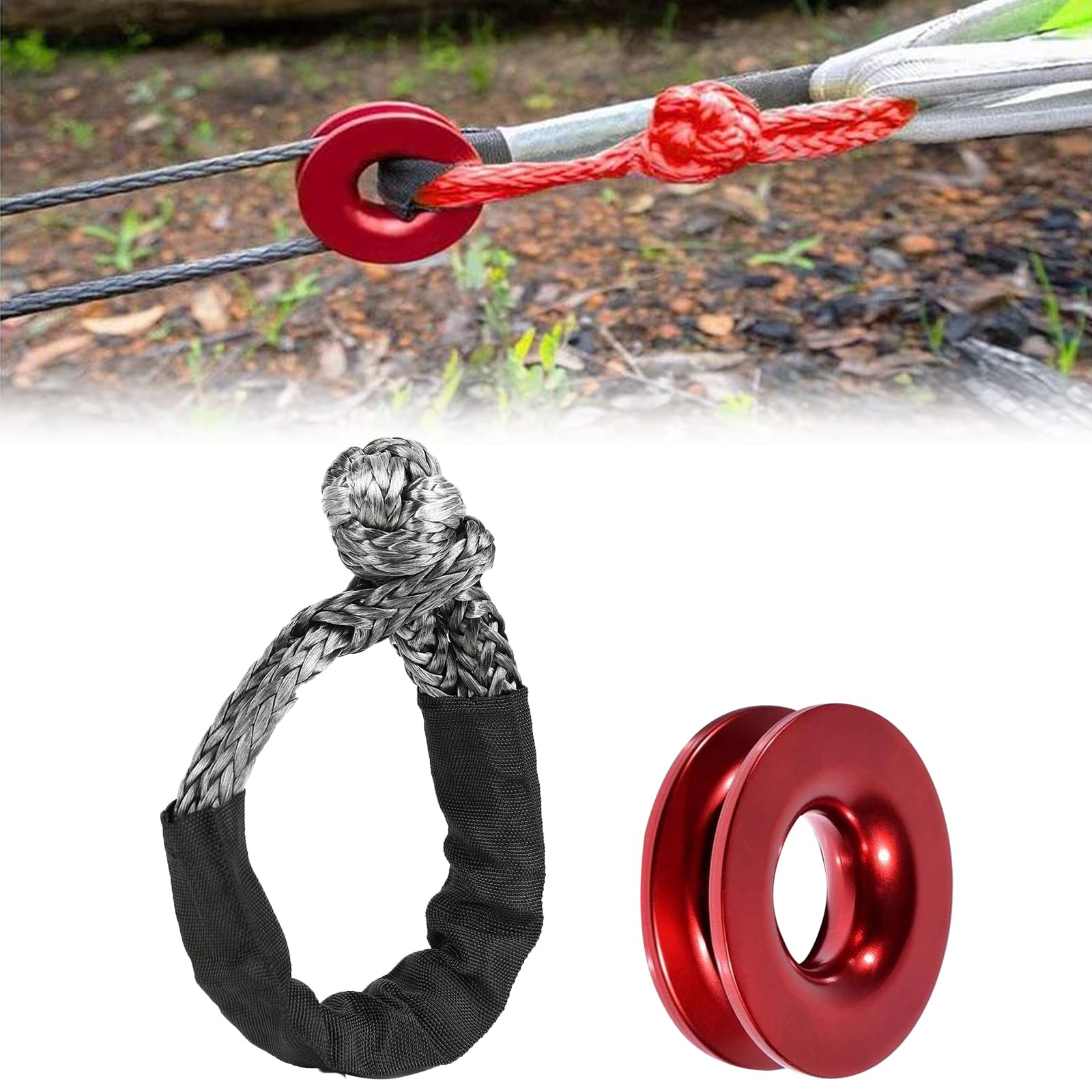 Manille synthétique 1/2 treuil avec récupération, 41000LBS & manchons de protection, kit de manilles souples pour ATV, UTV, SUV, tout-terrain, remorquage, chariots (shackle souple noir)