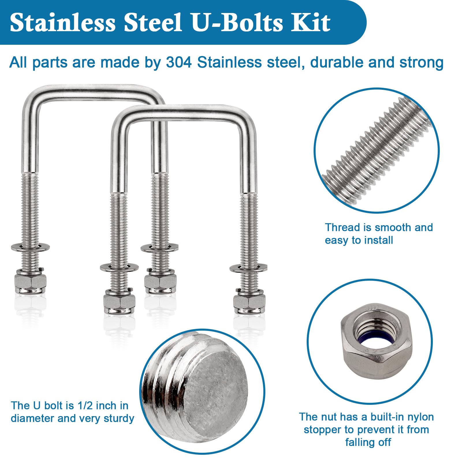Stainless Steel Marine Boat Bow Eye U-Bolt - M8x100mm, 304 Grade, With Nuts & Plates - View #2