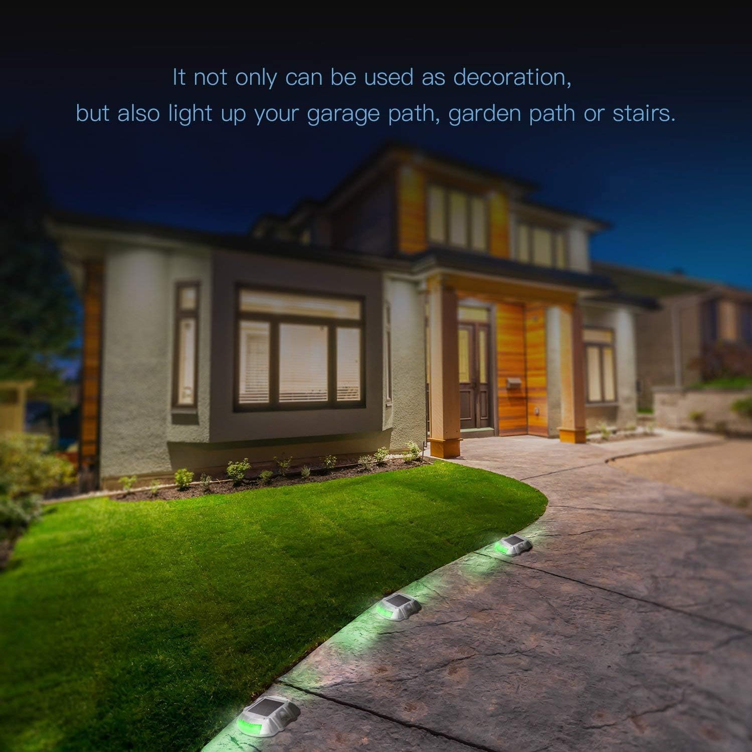 JIGUOOR Solar Deck Lights LED Driveway Lights Solar Powered Dock Light Outdoor IP68 Waterproof Road Markers for Step Sidewalk Stair Boat Garden Ground Pathway Yard (Green, 6 Pack)