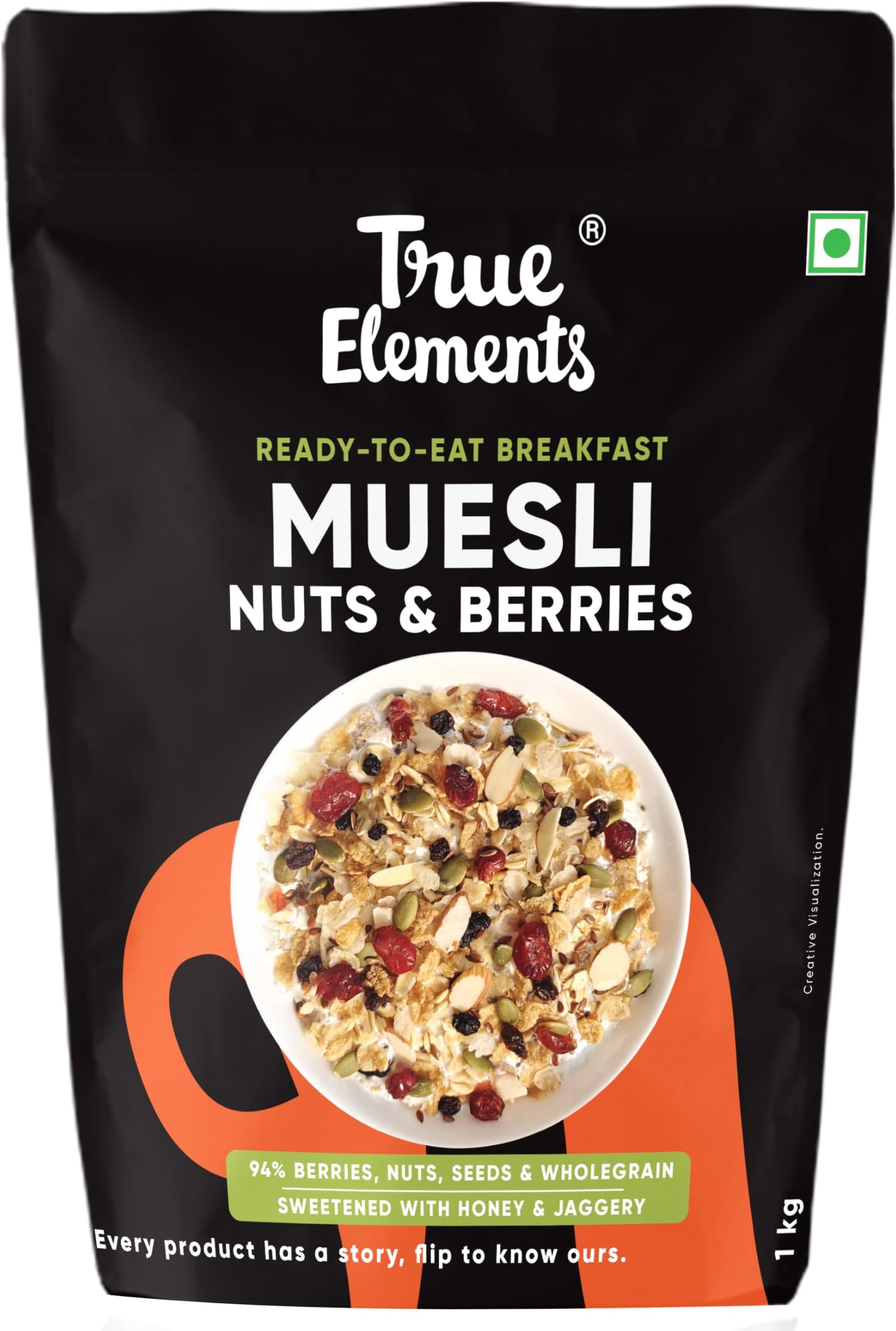 - True Elements Crunchy Nuts & Berries Muesli 1kg - With 13g Clean Protein | Almonds, Seeds & Real Cranberries | With Jowar Millets | Crunchy Wholegrain Muesli | No Added Refined Sugar