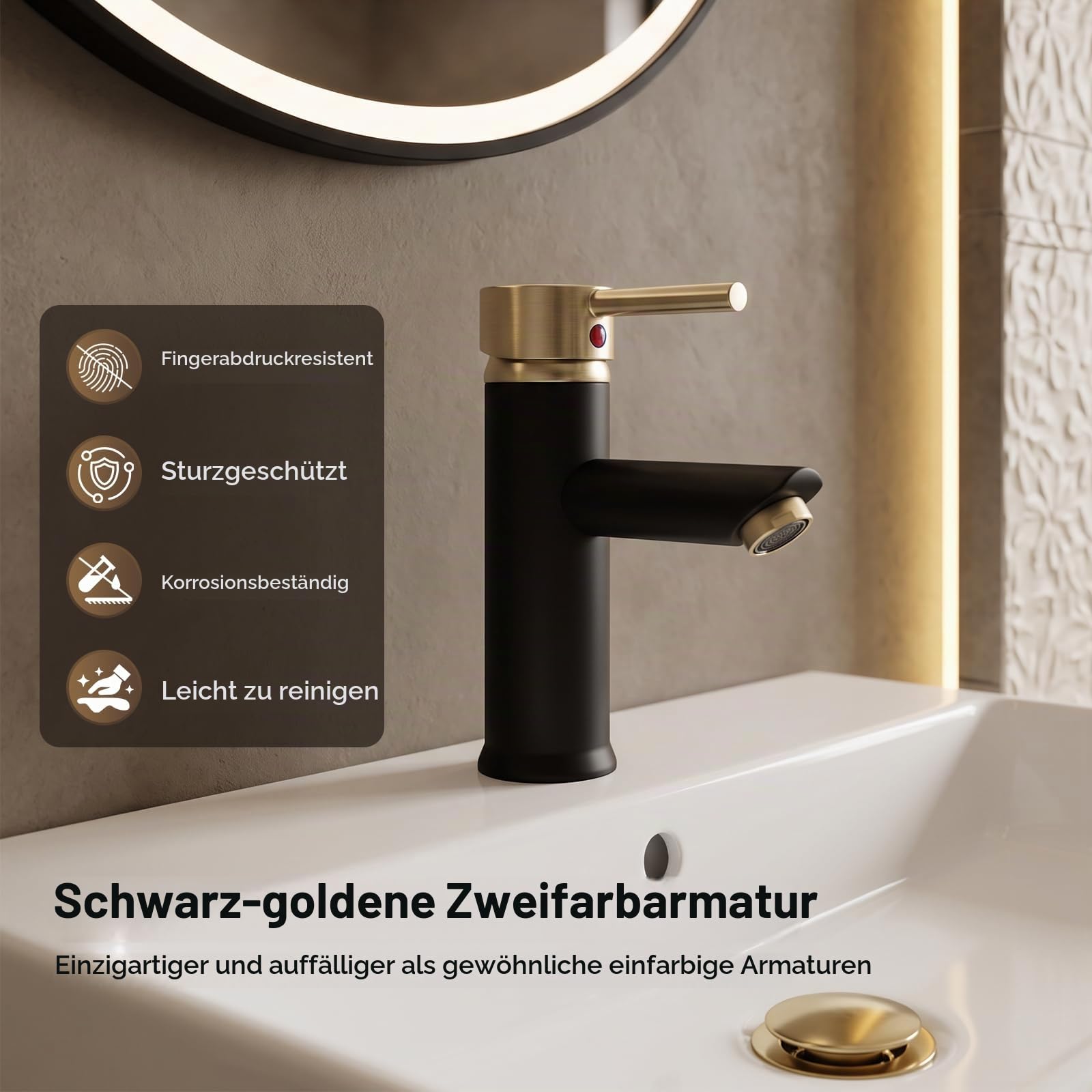 Hapilife Waschtischarmatur Bad Waschbecken Armaturen Schwarz und Gebürstet Gold Waschtischarmaturen, Monobloc Einhebel Heiß und Kalt Mono Waschraum Bad Wasserhahn mit UK Standard Schläuchen, Modern