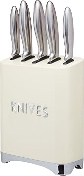 KitchenCraft Lovello Retro 5-Piece Stainless Steel Knife Set and Knife Block Vanilla Cream