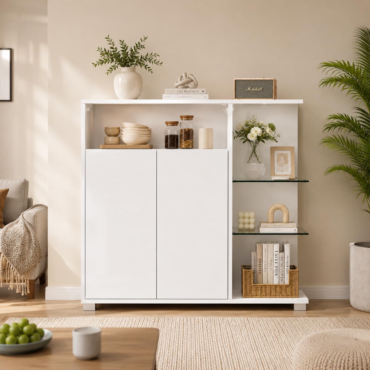 SONNI Sideboard Kommode mit LED 2 Türen 3 Glasregale 90x30x82cm Hochglanz | Verstellbarer Ablage Schrank, Komodenschrank, Wohnzimmermöbel, Wohnzimmerschrank für Badezimmer, Küche, Schlafzimmer, Weiß