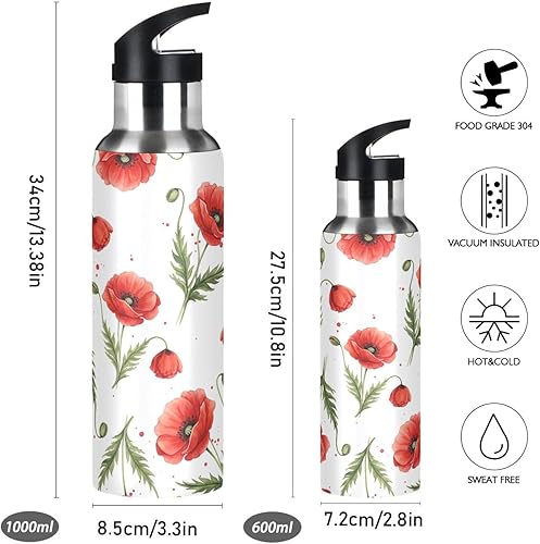 Miniatura 2 de Botella de agua de acero inoxidable aislada con pajilla, flores de amapola roja, hojas verdes, botella de agua deportiva sin BPA con popote a prueba