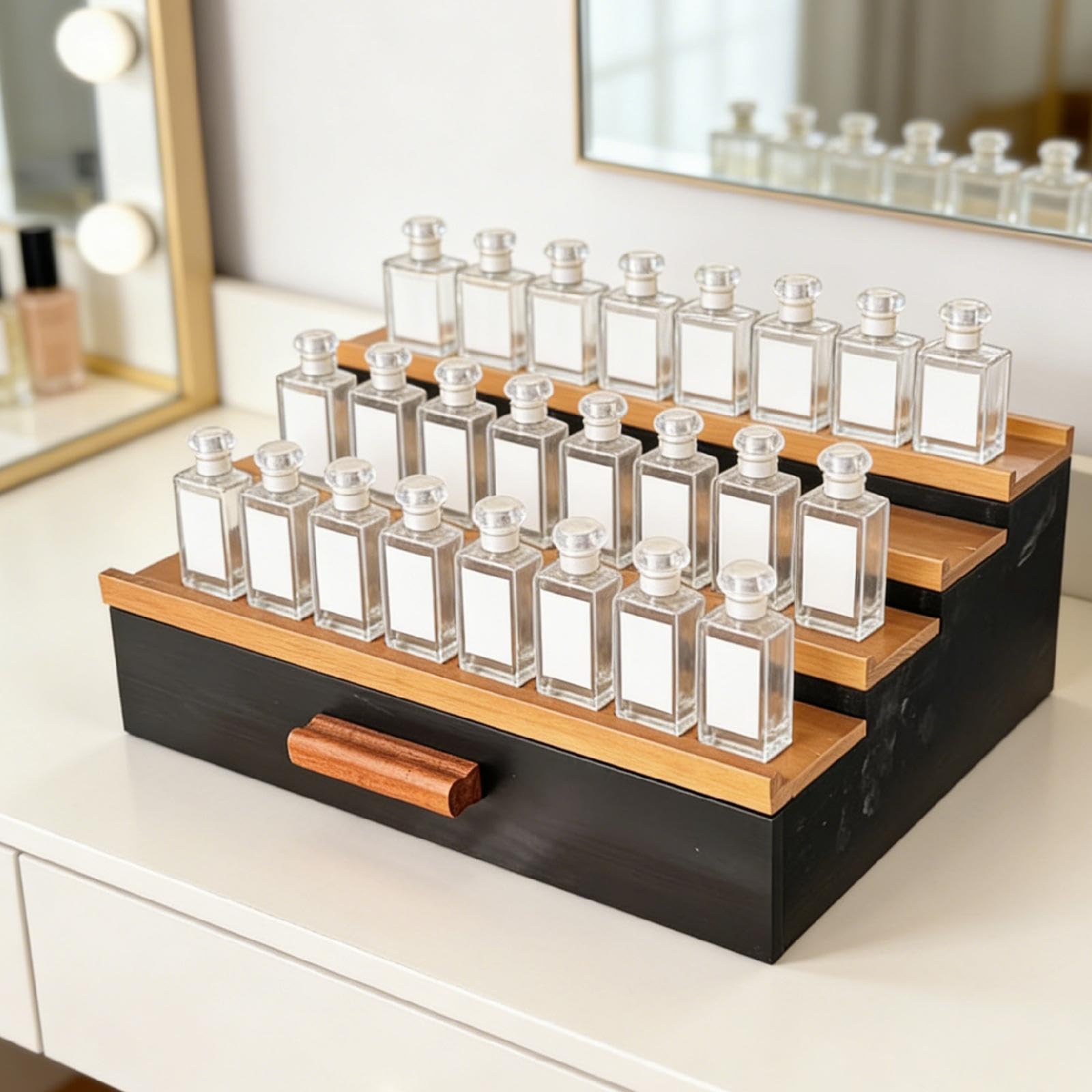 Perfume Soporte Organizador Cajonera Exhibidor Estante Perfume Madera Adecuado para Exhibición Accesorios Joyería Cosméticos Tocador Oficina Hogar, Negro Y Marrón, Individual