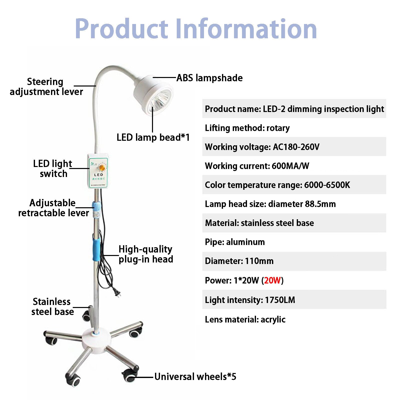 Lampa Do Badań Chirurgicznych LED 20W, Stojąca Lampa Medyczna Do Zabiegów Chirurgicznych, Przenośna Mobilna Lampa Do Badań Ginekologicznych, Lampa Bezcieniowa z Regulacją Jasności