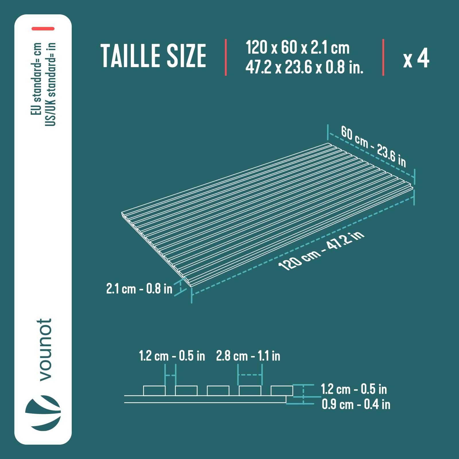 VOUNOT® Set da 4 Pannelli Fonoassorbenti 120x60x2,1 cm in MDF con Feltro di Poliestere Ignifugo, Pannelli Acustici da Parete 3D Isolamento Acustico per Soggiorno, Camera e Ufficio, Rovere Scuro