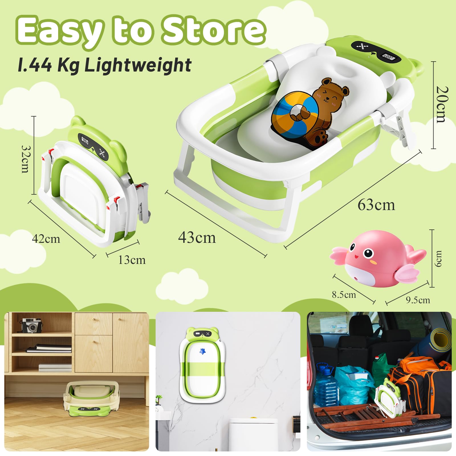Baignoire Bébé Pliable avec Coussin de Bain et Thermomètre Intégré, Bouchon d'Évacuation, Vert Ours