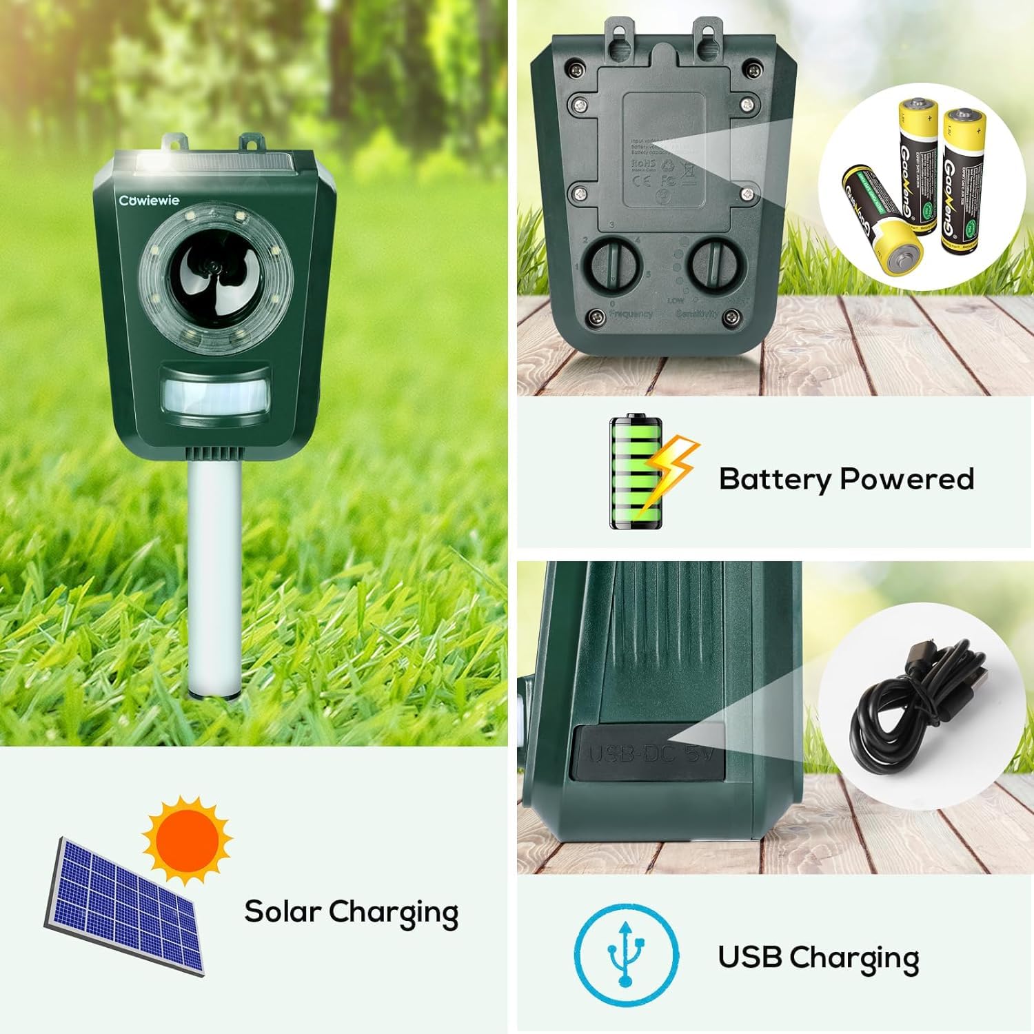 Cowiewie Répulsif Animaux Ultrasons Solaire (Lot De 2) – Anti-Chat, Anti-Chien Étanche Avec Détection 120° Et LED – Protection Jardin, Maison, Sans Produit Chimique