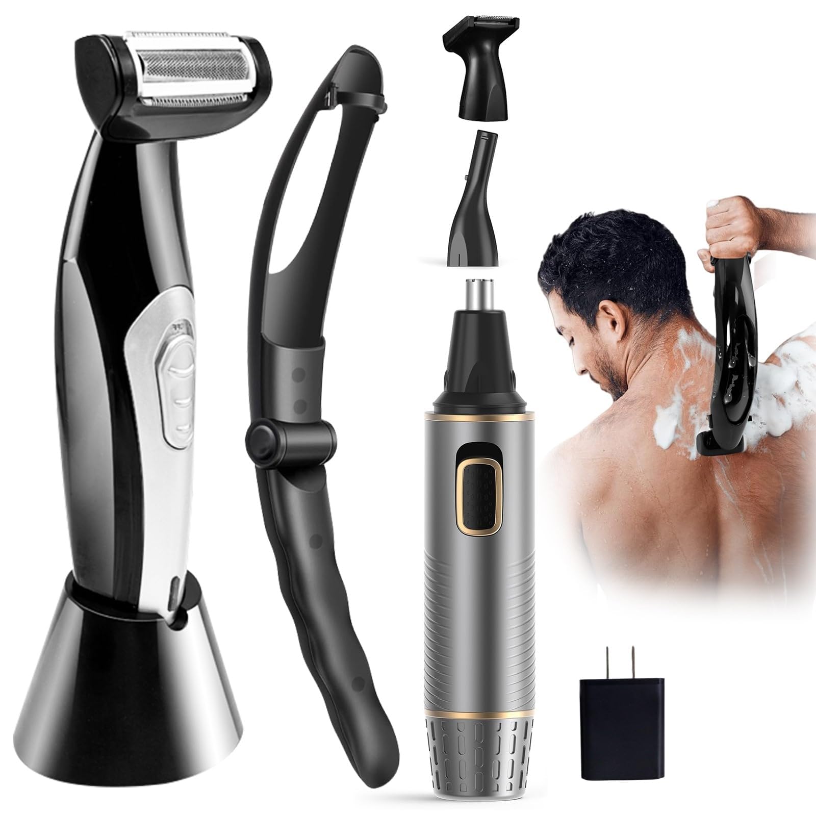 Afeitadora eléctrica de espalda para hombre con mango largo – Afeitadora corporal recargable para zonas de difícil acceso, incluye recortadora de vello de nariz