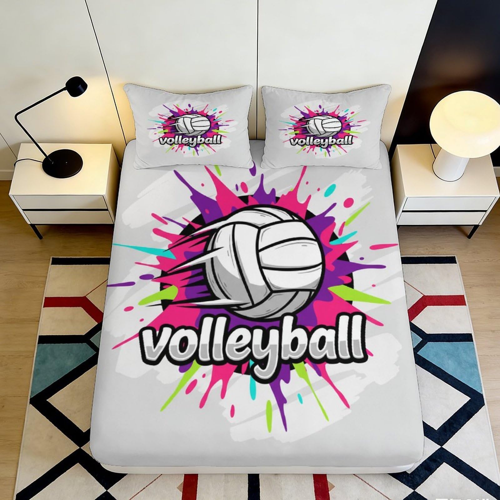 Pnayamiorkfel Style-10 3D Printed Splash Volleyball Fitted Sheet Microfiber Soft Colourful Graffiti Bed Cover For Bedroom Dorm Decor Protection 90X200x25cm