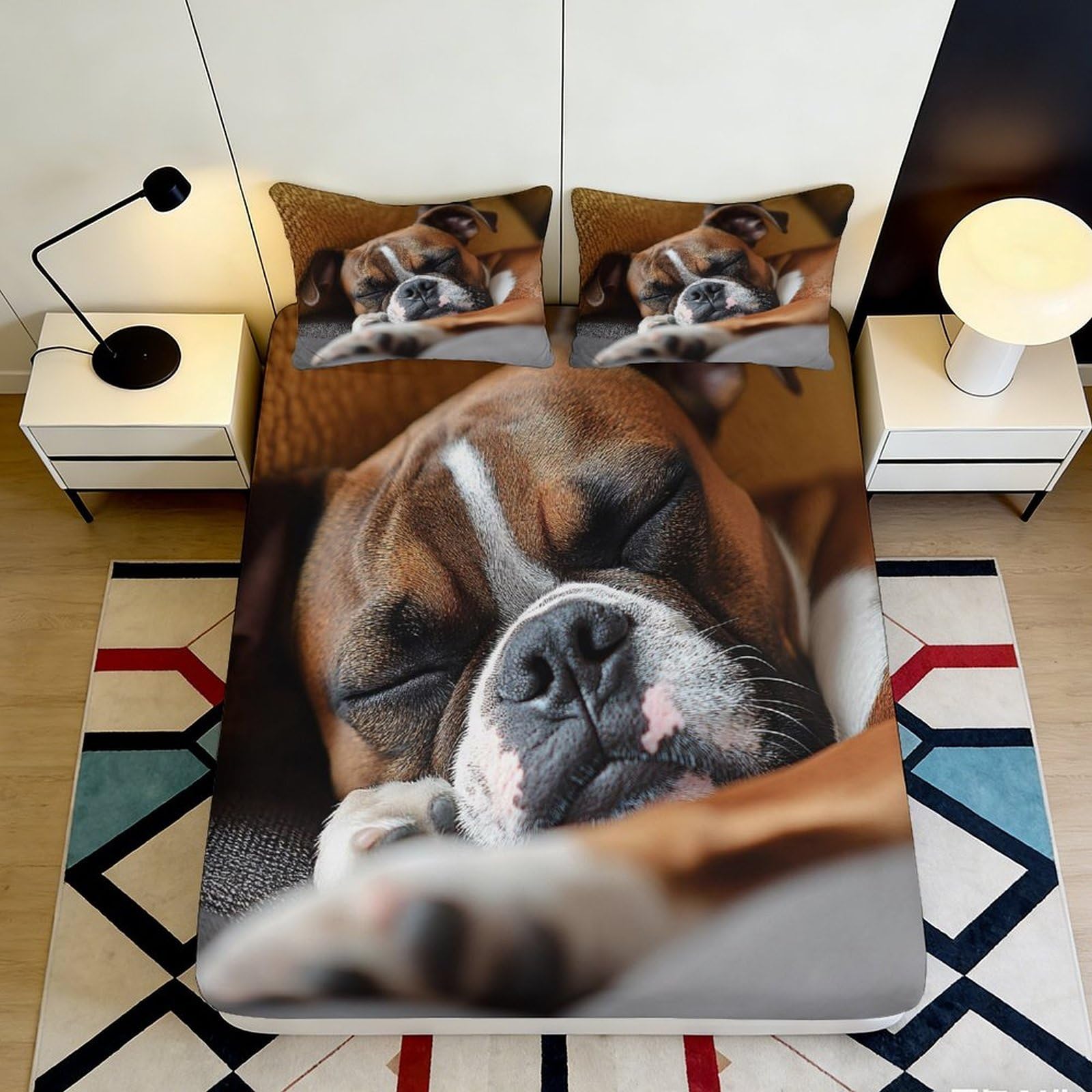 3D Printed Sleeping Dog Fitted Sheet Microfiber Non-Slip Bed Cover for Bedroom Guest Room Easy Care Decor 90x200x25cm