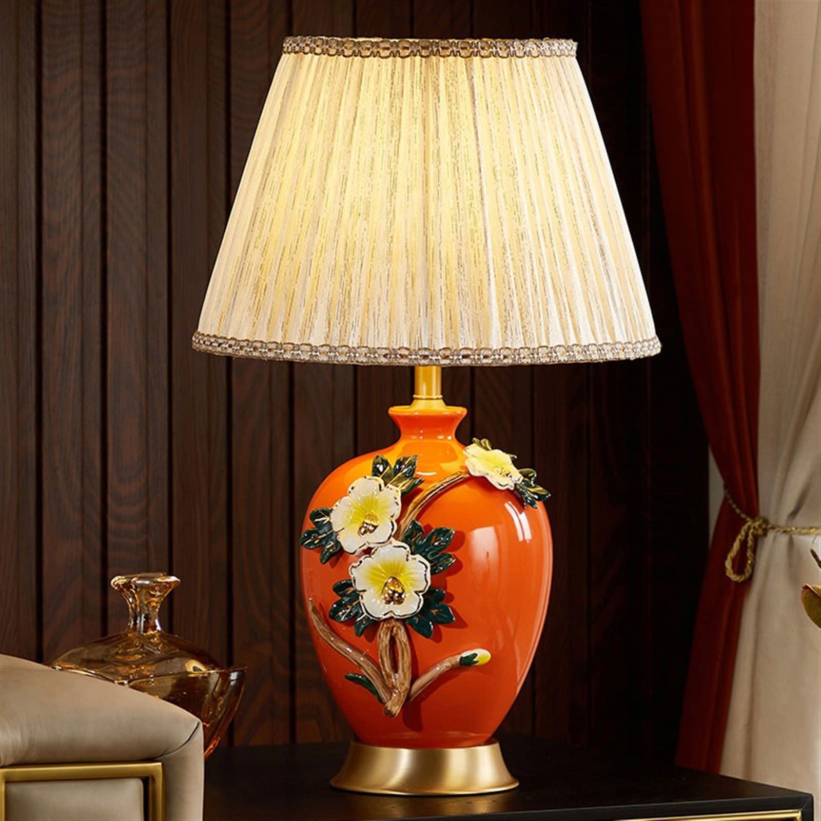 Lampka Nocna Pomarańczowa Emaliowana Lampa Stołowa Do Sypialni Ceramiczna Lampa Nocna Miedziana Podstawa Z Lnianym Abażurem Lampa Stołowa