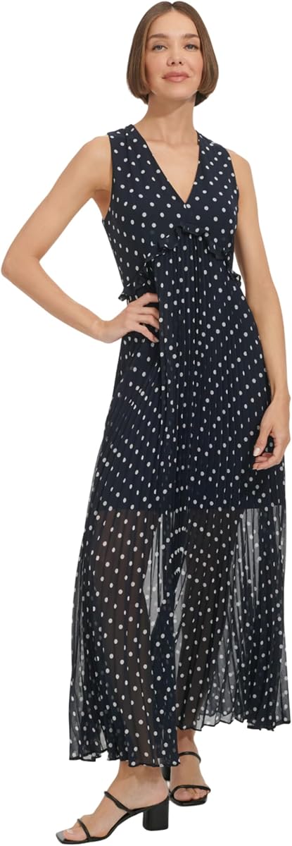 Tommy Hilfiger Women's Sleeveless V-Neck Chiffon Pleated Maxi Dress