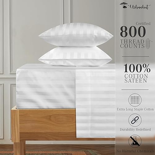 Miniatura 2 de URBANHUT Juego de sábanas de 800 hilos de algodón egipcio, damasco, a rayas, tamaño King (4 unidades), ultrasuaves y lisas, tejido satinado, sábanas