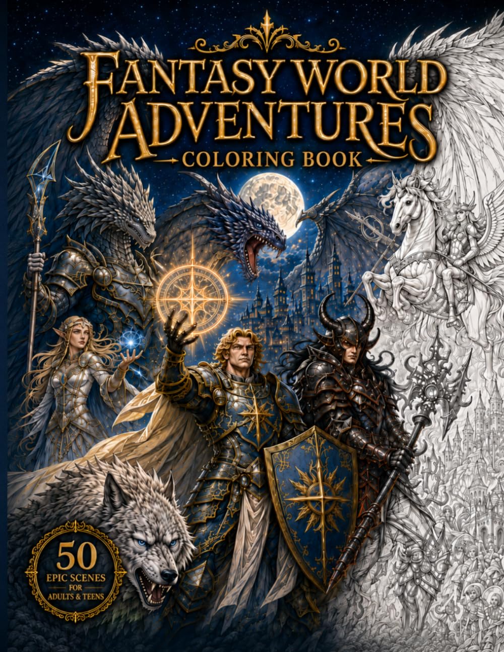 Fantasy World Adventures Coloring Book: 50 Realistic Scenes of Elves, Dragons, Dwarves, Orcs, Legendary Creatures, Epic Quests, and Magical Realms (Escape Into Color Collection)