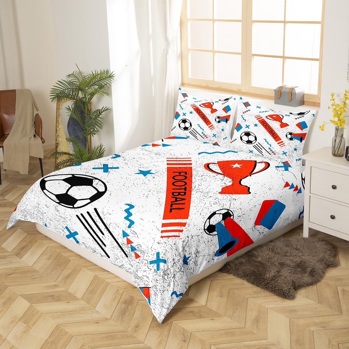 Football Kids Bedding Set Queen Size Rugby Sports Duvet Cover for Boys Children Teens Gift for Football Lover Bedroom Decor Comforter Cover Set Soccer Ball Game Bedspread Cover With 2 Pillow Case