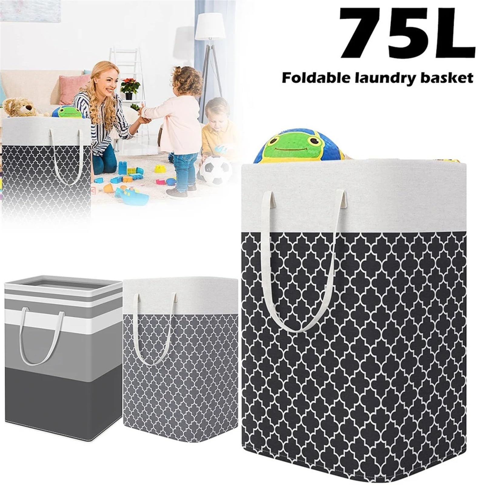 Aufbewahrungskorb für Küche und Wäsche (75 l) mit Griff, großes Fassungsvermögen, faltbar, ideal für Kleidung und andere Kleinigkeiten